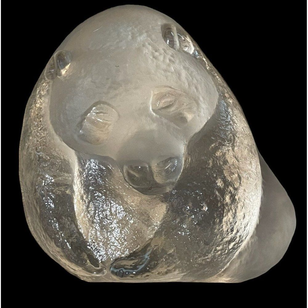 Viking Glass Panda Bear Paperweight Figurine Vintage Clear Frosted Hand Made